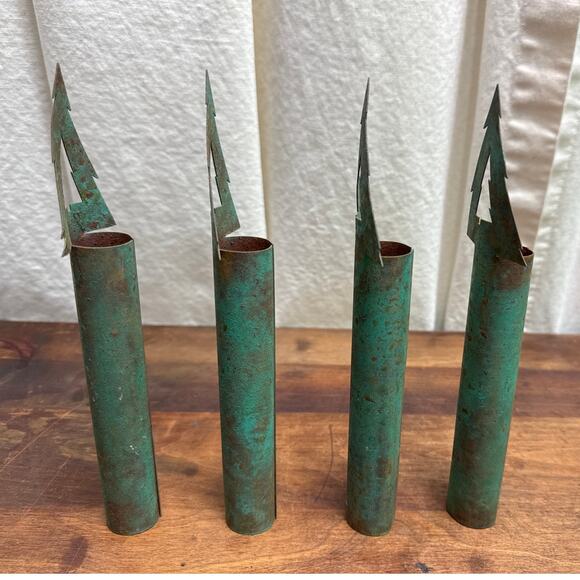 Vintage Christmas Tree Holiday Metal Stakes Candle Holders Rustic Distressed - Picture 2 of 8